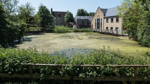 A pond in front of stone buildings and a footbridge in Bromham